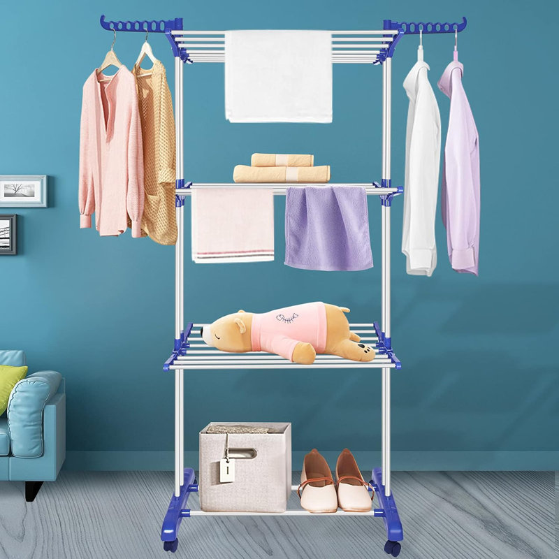 Stainless Steel Foldable Rolling Drying Rack, Blue