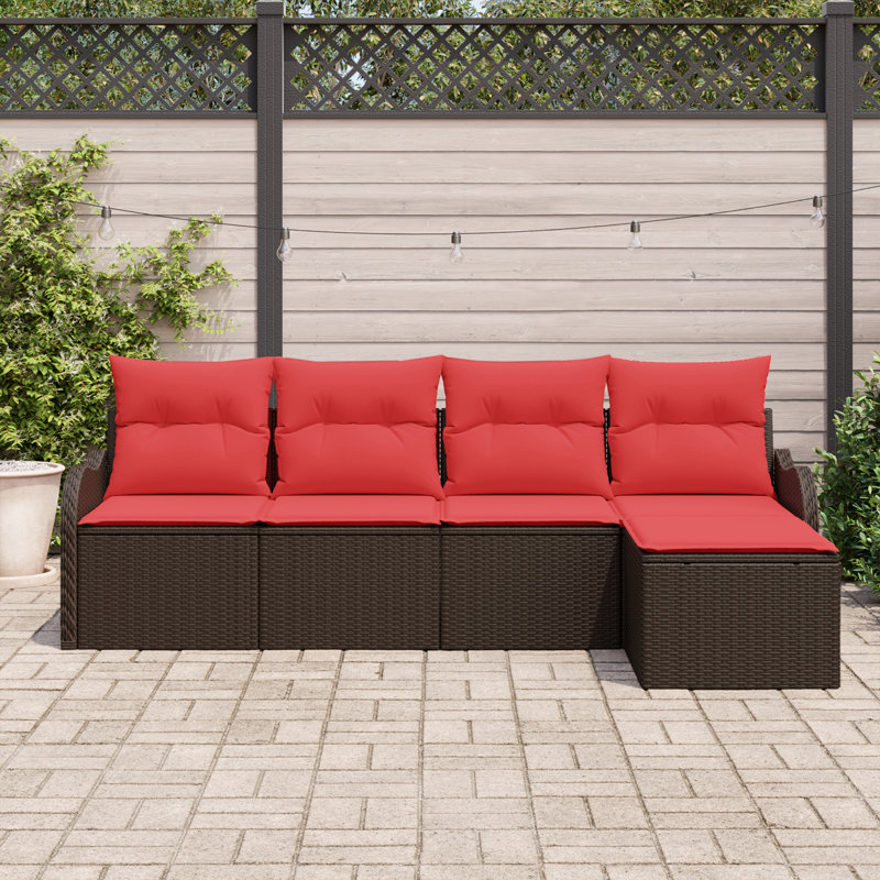 vidaXL Garden Sofa Set Brown Poly Rattan, Brown Frame/Red Cushion