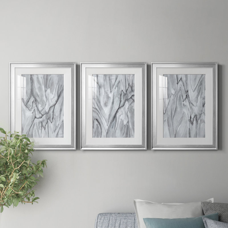 Marbré blanc I - ensemble de 3 cadres photo, H 36,5 po x l 79,5 po x P 1 po, Cadre argenté