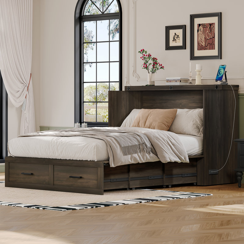 Armoire-lit escamotable pliable avec station de charge, Grey, Grand