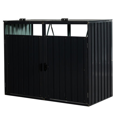 Metal Garbage Bin Shed For Garden - 63.55 In Depth, Galvanized Steel, Ventilated, Lockable Iron Storage 2 Trash Can Capacity, 31.28 Width, , Easy Assembly