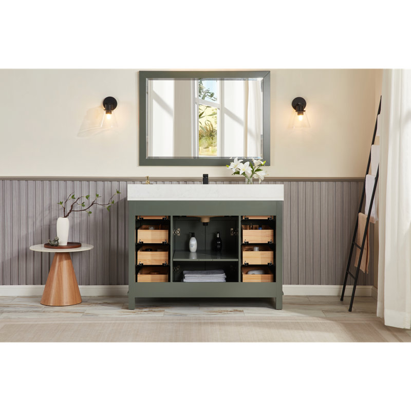 48" Solid Wood Sink Vanity With 1' Artificial Stone Top, Rose Gold, Pewter Green