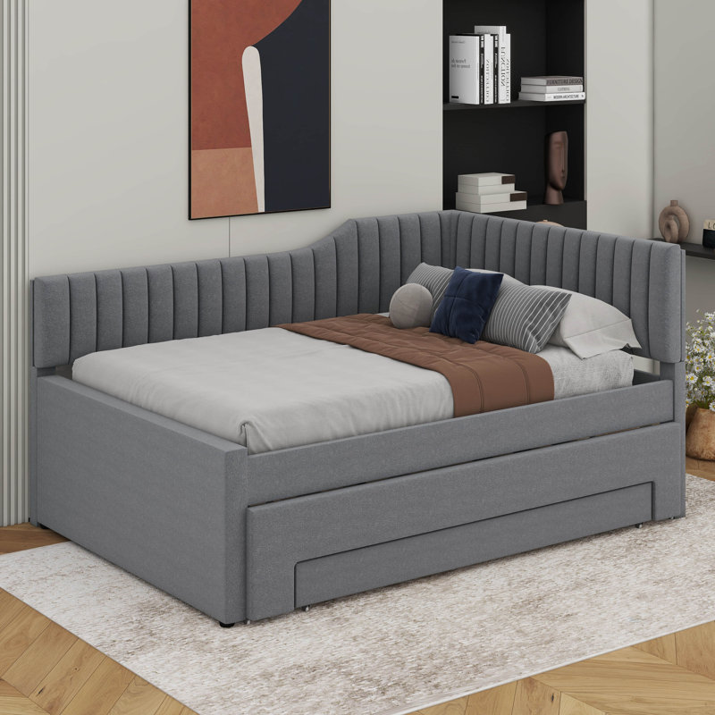 Upholstered Daybed With Trundle And Drawers, Gray, Full