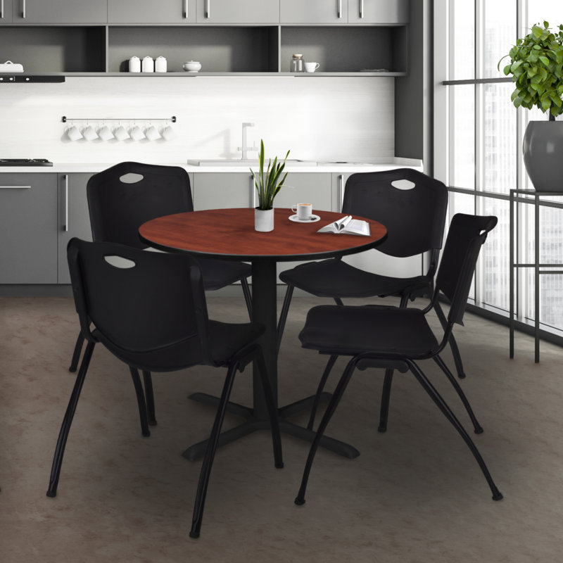 Cain Round X-Base Breakroom Table & 4 M Stack Chairs, Cherry, Black