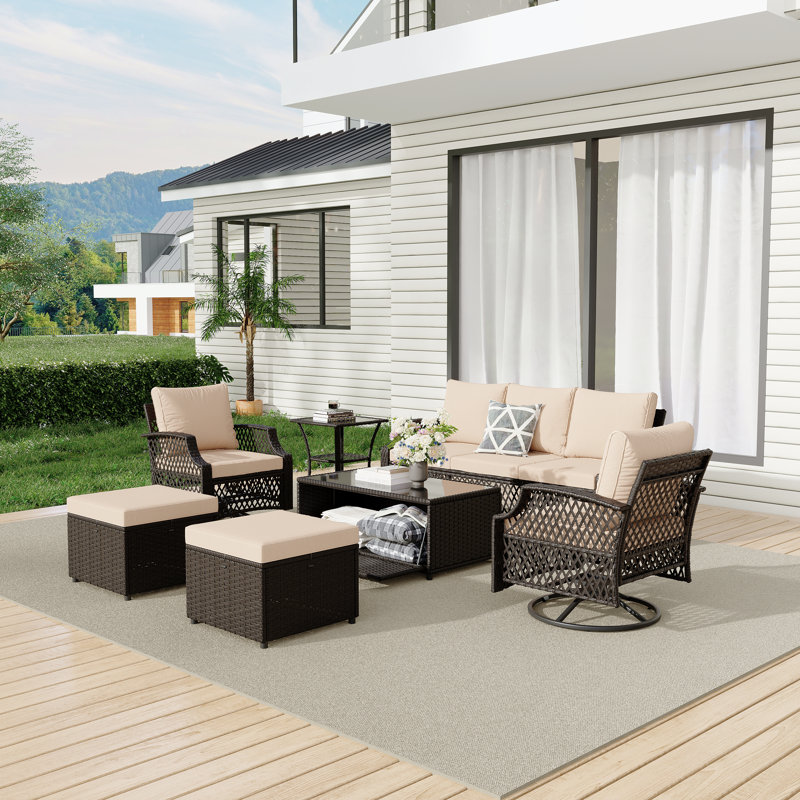 7 Piece Patio Furniture Set, Wicker Outdoor Conversation Sofa Set With Swivel Chairs, 2 Ottomans, Storage Coffee Table, Khaki
