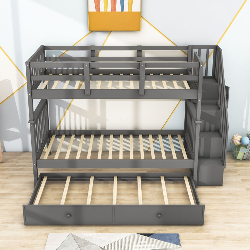 Doresha Kids Bunk Bed with Trundle, Gray, 	Twin over Twin