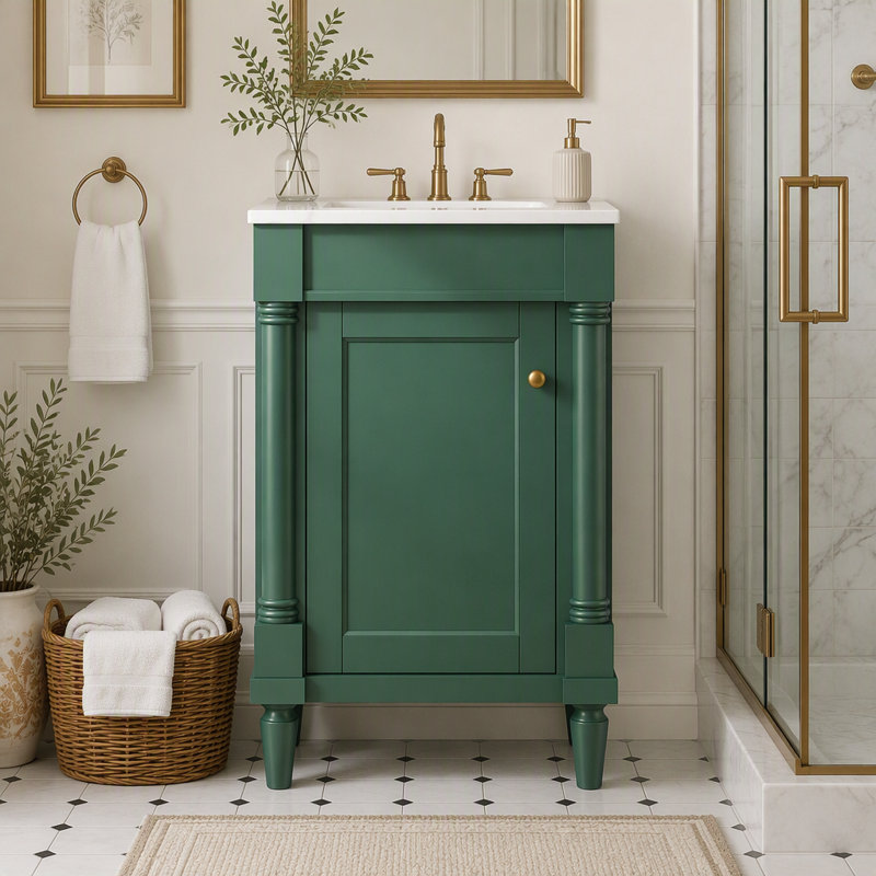Meuble-lavabo de 45,7 cm (18 po) avec lavabo, style français, avec porte et étagère réglables pour petite salle de bain.