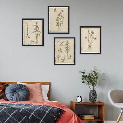 IDÉE4WALL, art mural encadré sépia rétro classique, ensemble de 4 impressions murales collage floral, décoration murale nature sauvage pour le salon, impression encadrée de 4 pièces pour chambre