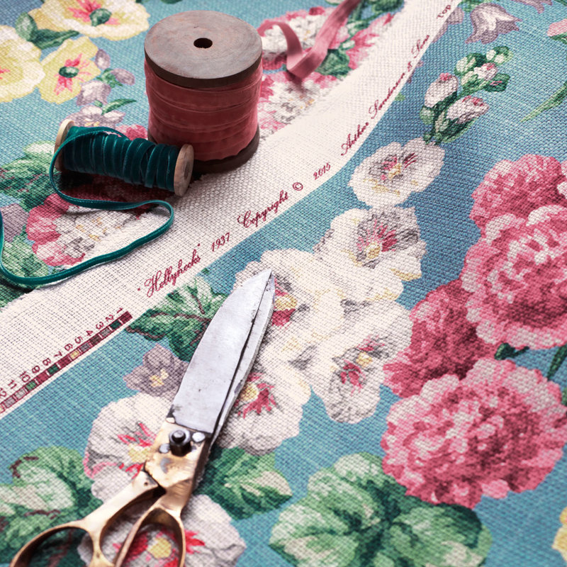 Hollyhocks Fabric, Petrol Blue/Multi