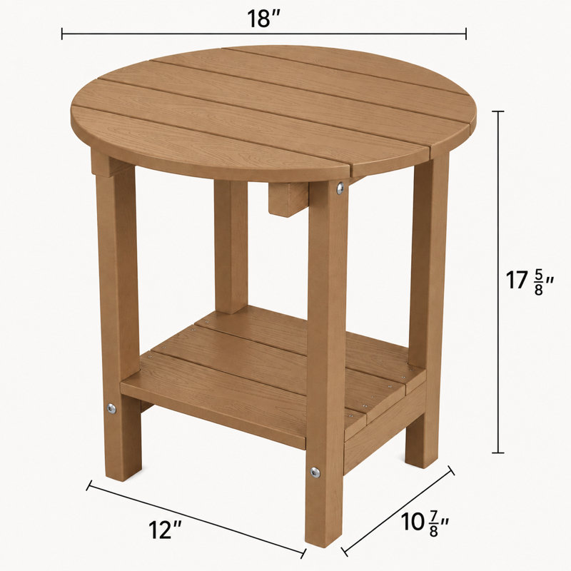 18" W x 18'' D HIPS Round Outdoor Side Table for Adirondack Chairs, 2-Tier Storage Easy Maintenance & Weather-Resistant Patio End Table with 330Lbs Load Bearing for Backyard, Pool, Patio, Porch, Garden, Lawn, Relaxing Companion, Teak