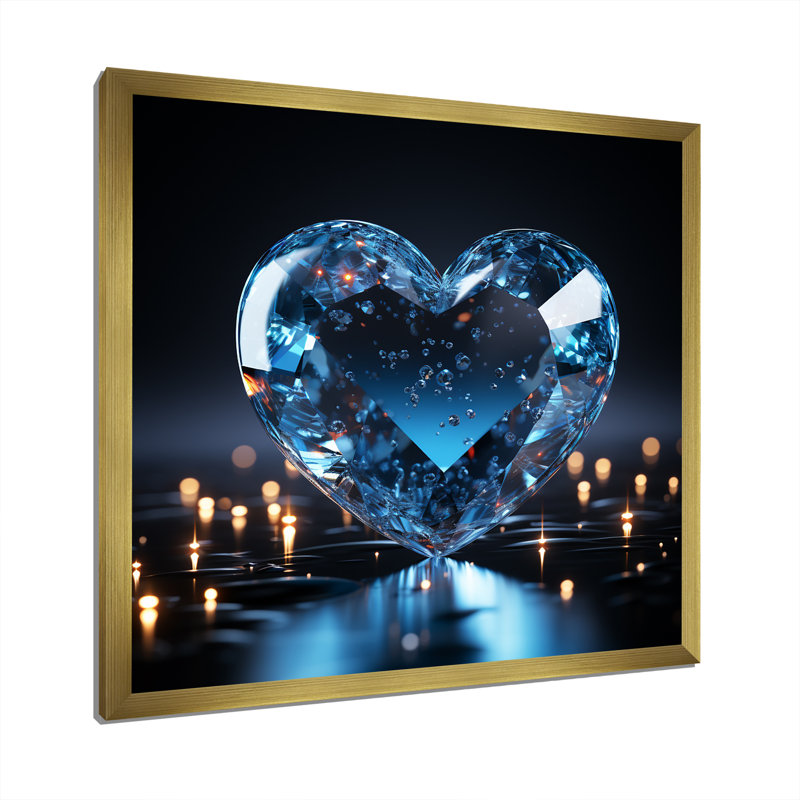 Bleu néon transparent en forme de cœur I - imprimé, H 36 po x l 36 po x P 1,5 po, Cadre doré simple