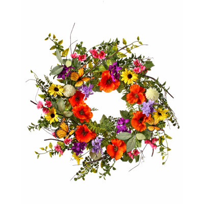 Couronne de fleurs d'été avec papillons monarques 22 po
