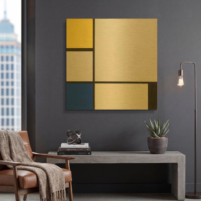«Composition with Yellow, Blue, Black and Light Blue, 1929» par Piet Mondrian, art mural en métal doré, 36 po x 36 po