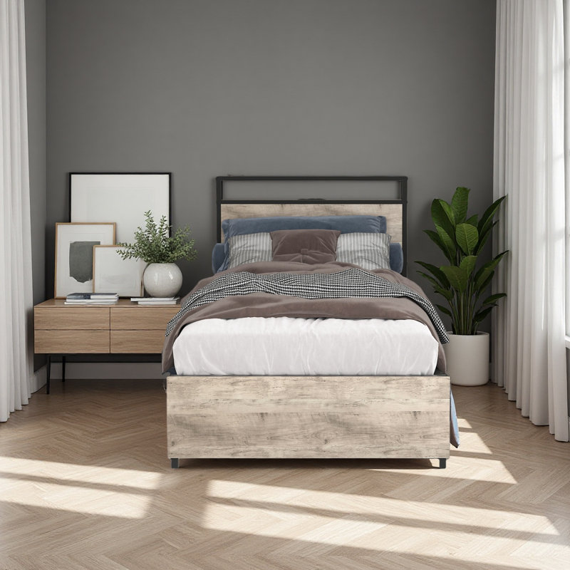 Twin Bed Frame, Storage Headboard With Charging Station, Solid And Stable, Noise Free, No Box Spring Needed, Easy Assembly