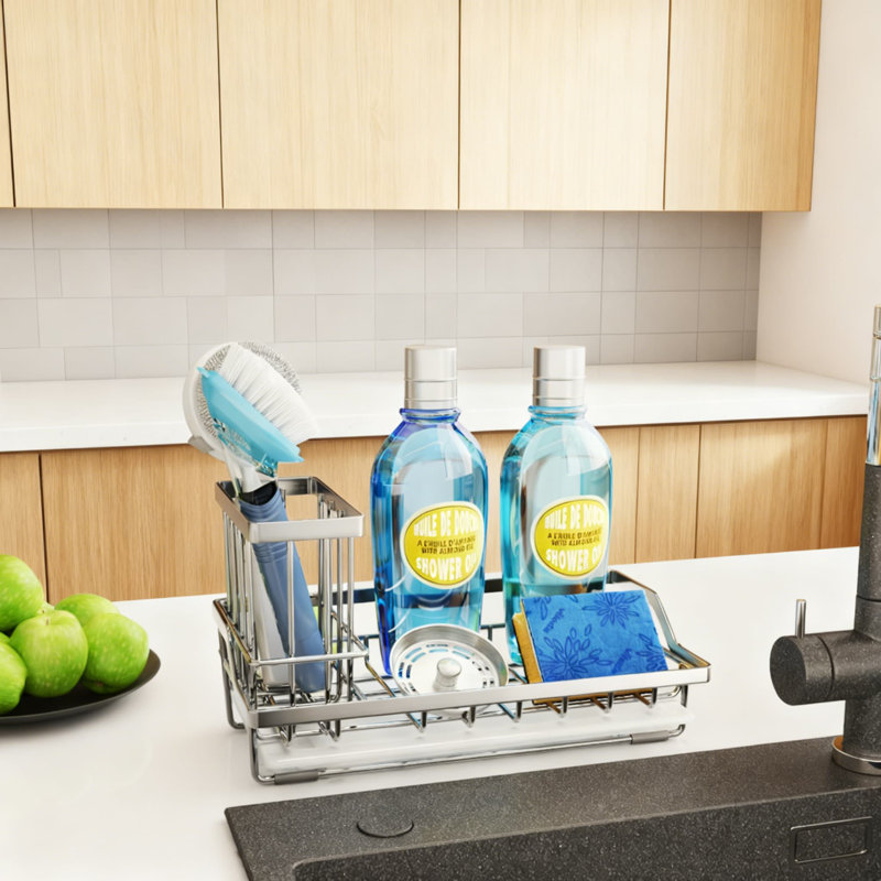 Grand organisateur de panier d'évier de cuisine en acier inoxydable avec porte-brosse amovible et ramasse-gouttes