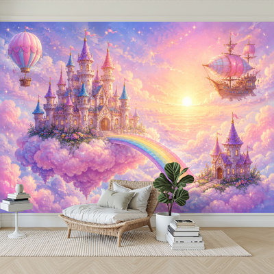 Wall Mural Peel and Stick Wallpaper Fantasy Castle Clouds Rainbow Airship Sunset Self-Adhesive Removable Contact Paper Wall Decor for Living Room Bedroom 100"H x 144"W