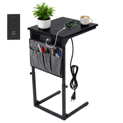 C-Shaped End Table with Charging Station, Sofa Side Table for Couch - Hanging Organizer, Slim Small Accent Table for Living Room & Reading - Matte Black