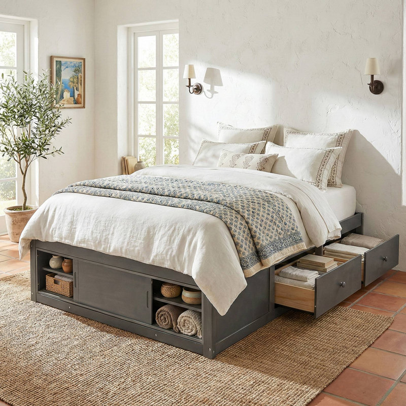 Structure de lit plateforme avec 4 tiroirs de rangement et un casier de rangement au pied de lit, sans tête de lit, conception moderne peu encombrante