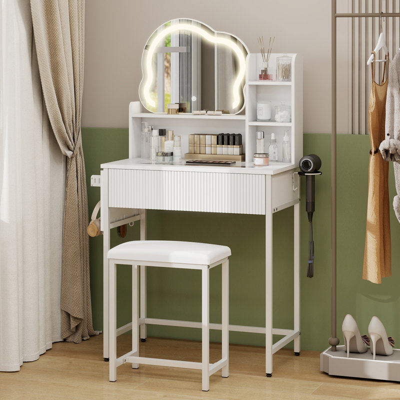 Deogilde Dressing Table with Cloud Shape Mirror, LED Lighted Makeup Vanity Desk with 5 Hooks, White