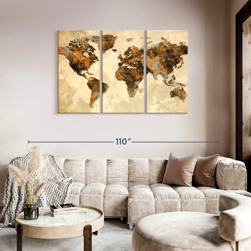 Ensemble de carte du monde rustique sur toile 3 pièces, H 48 po x l 74 po x P 1,25 po
