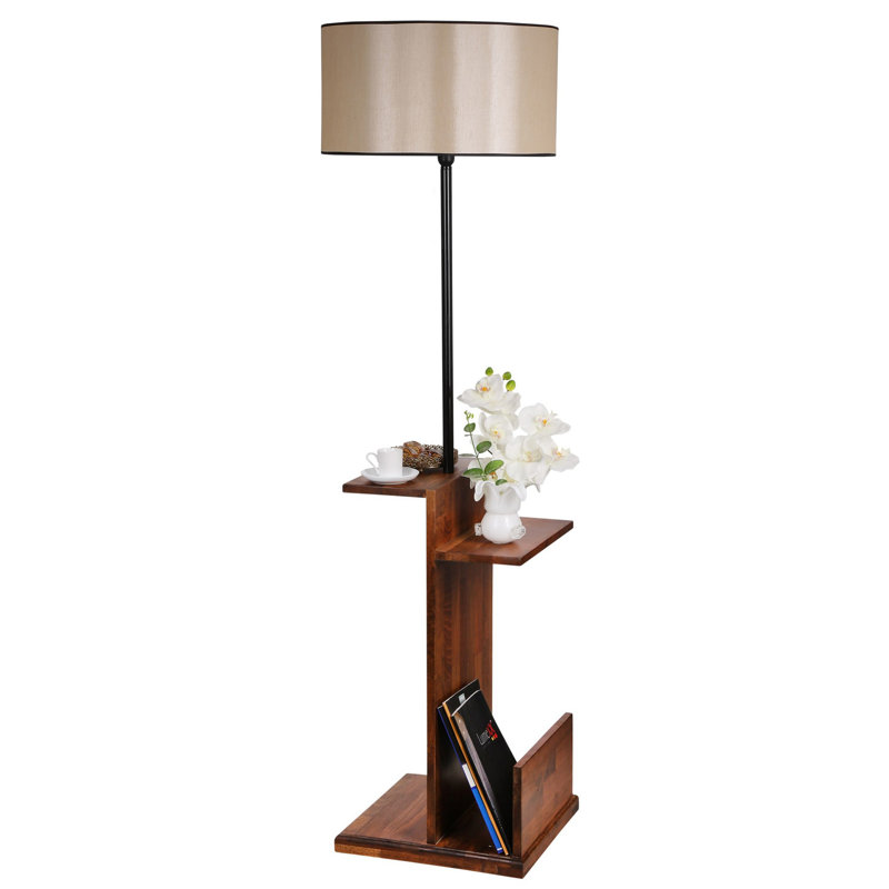 Lampe sur pied scandinave avec structure en métal et tablettes en bois, hauteur de 67,0 po | Finition noire élégante, diamètre du capuchon de 17,3 po, longueur du capuchon de 15,4 po | Interrupteur marche / arrêt sur câble, douille E27 de 40 W maximum | Éclairage élégant pour les maisons modernes