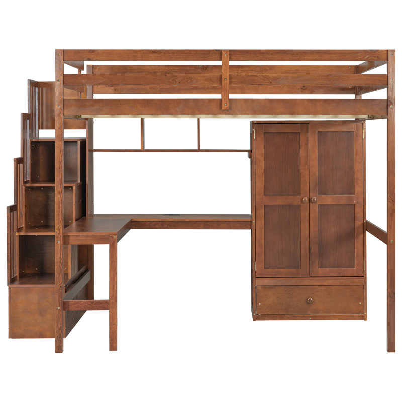 Lit mezzanine double de couleur noyer avec bureau intégré, étagères à livres, armoire et station de recharge. Le bureau est doté de deux prises de courant alternatif, d'un port de type C. L'escalier offre du rangement. Fabriqué à partir de