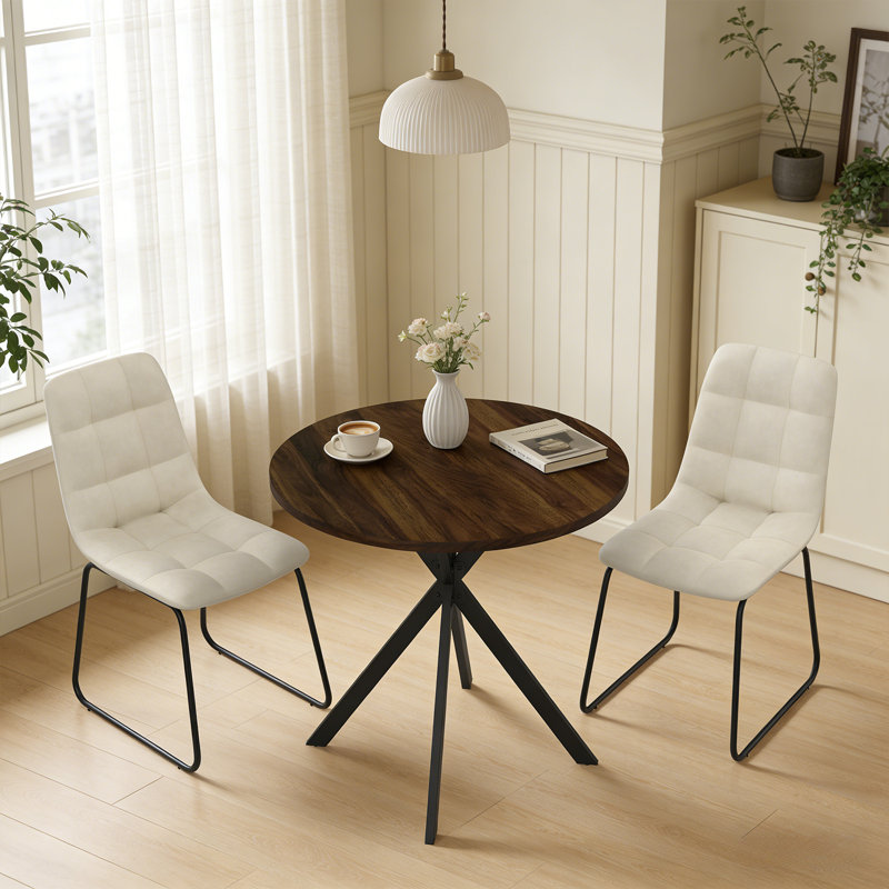 Table de salle à manger ronde de 31,6 pouces et chaises pour 2 personnes, ensemble de tables basses décontractées et modernes pour la cuisine de la salle à manger, table en noyer et 2 chaises beiges