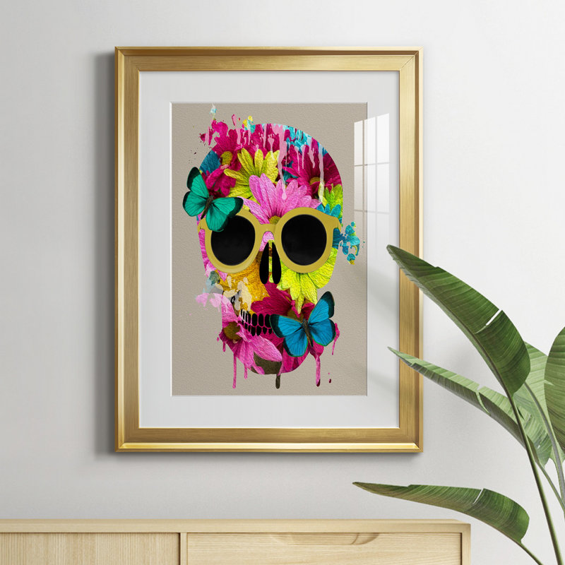 Crâne floral - peinture encadrée, H 22,5 po x l 30,5 po x P 1,5 po, Or