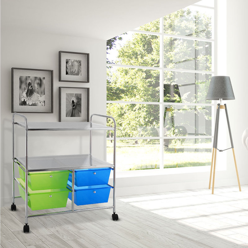 Chariot de rangement roulant 4 tiroirs, Bleu / vert