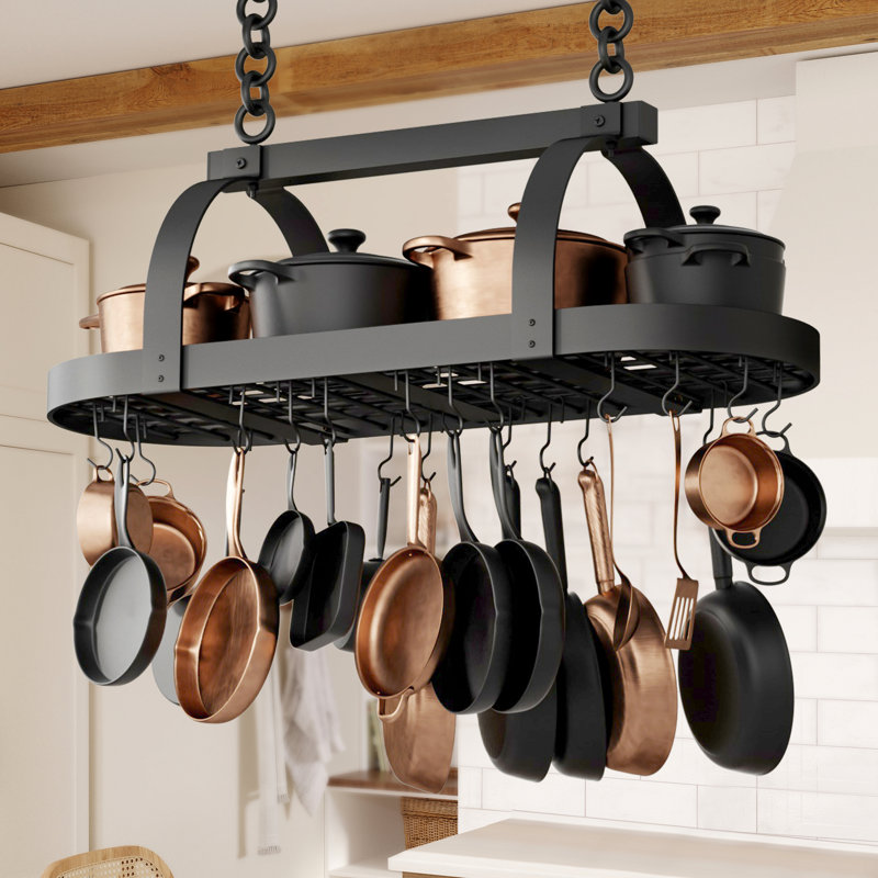 Grand support à casseroles suspendu noir de 48 po Mint Pantry® avec 20 crochets (pour fixation de poteau de 16 po et de 24 po)
