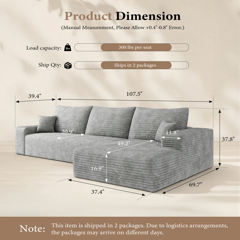 Canapé modulaire 108 po pour salon modulaire en L en tissu de velours côtelé désossé avec méridienne, Gris