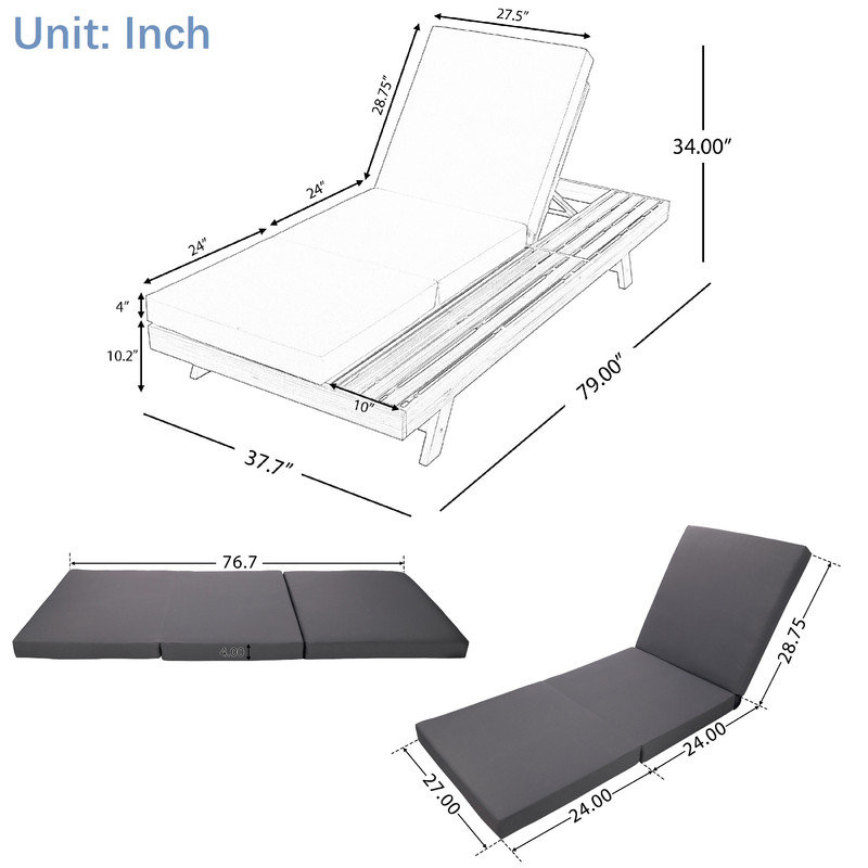 79" Long Reclining Single Chaise with Triple Fold Cushion, Dark Gray
