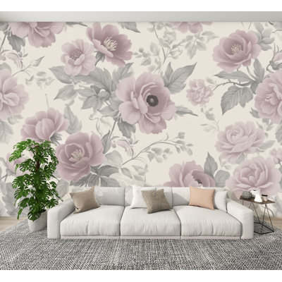 Modern Peel and Stick Wallpaper Vintage Pink Gray Floral Roses Botanical Leaves Light Wall Murals 100"H x 144"W Removable PVC Wall Paper Self-Adhesive Wall Decor for Bedroom Living Room Home Office
