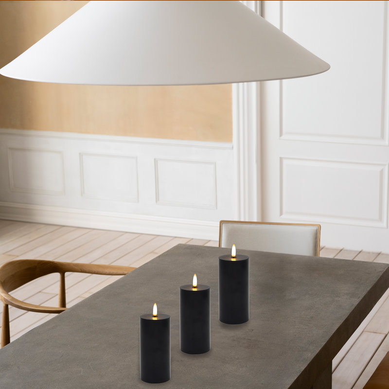 Battery Operated 3D Wick Pillar Candles - 3 Count, Black
