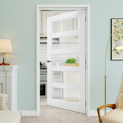 32" x 80" 5-Lite Clear Glass Interior Prehung Door with Curve Lever and Silver Hinges, Clear Glass Door Slab, Paintable & Waterproof, Suit for Laundry, Closet Doors, Room Doors, Right Hand