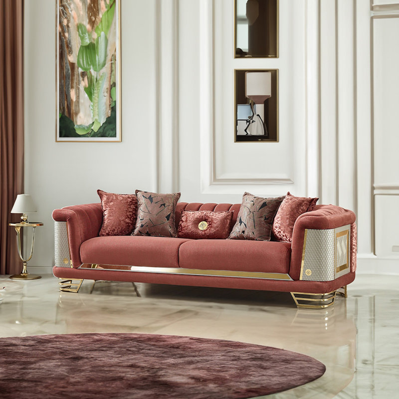 Canapé luxueux en velours capitonné avec accents dorés - Canapé rembourré moderne en 4 couleurs élégantes, Brique