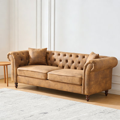 80" Chesterfield Tech Fabric Sofa, High-Tech Roll Armrest 3-Seater Couch For Home & Office (Brown)