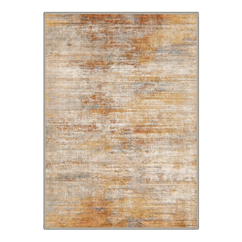 Modern Abstract Distressed Machine Washable Ochre Gray Area Rug with Non-Slip Backing, Ochre/Gray, Rectangle 6' x 9'