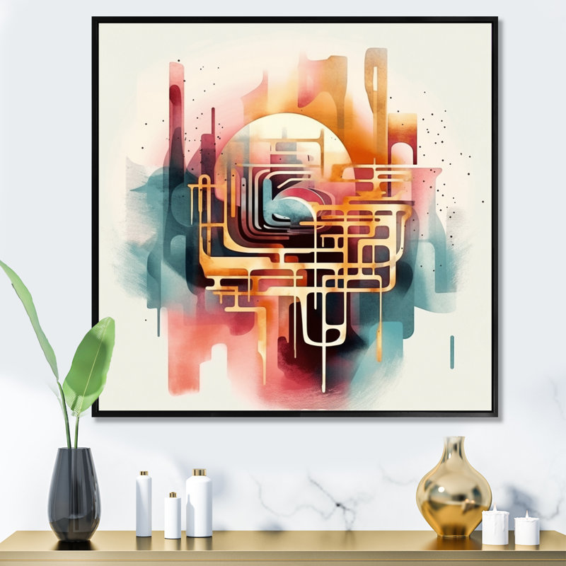 Orange orange, bleu, labyrinthe abstrait III, art mural moderne géométrique, salon, H 16 po x l 16 po x P 1 po
