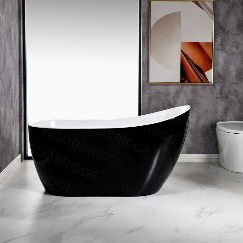 54" x 28" Freestanding Soaking Acrylic Single Slipper Bathtub with Reversible Drain, Black/Brushed Nickel