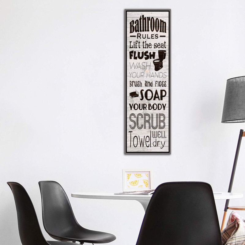 Reproduction d’art textuel sur toile, "Bath rules" par Marcus prime, Pas de tapis, Toile avec cadre en bois gris