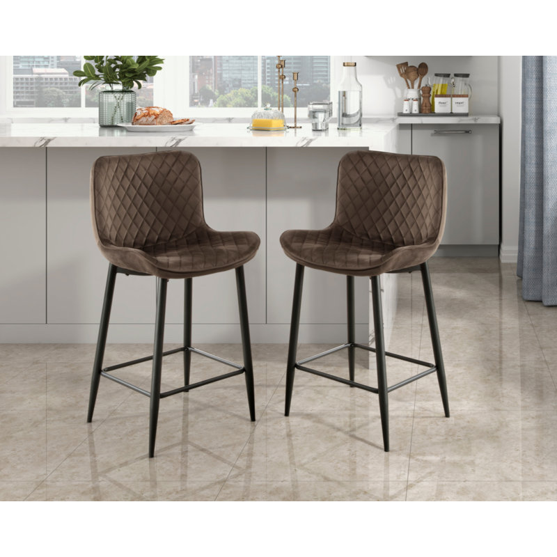Ensemble de 2 chaises à hauteur de comptoir en velours et revêtement, Brun