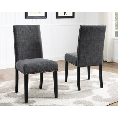 2 chaises grises en tissu avec garniture cloutée, assise de 18,41 po de largeur, 38 po de hauteur et salle à manger grise, 2 chaises en bois franc, lin et coton