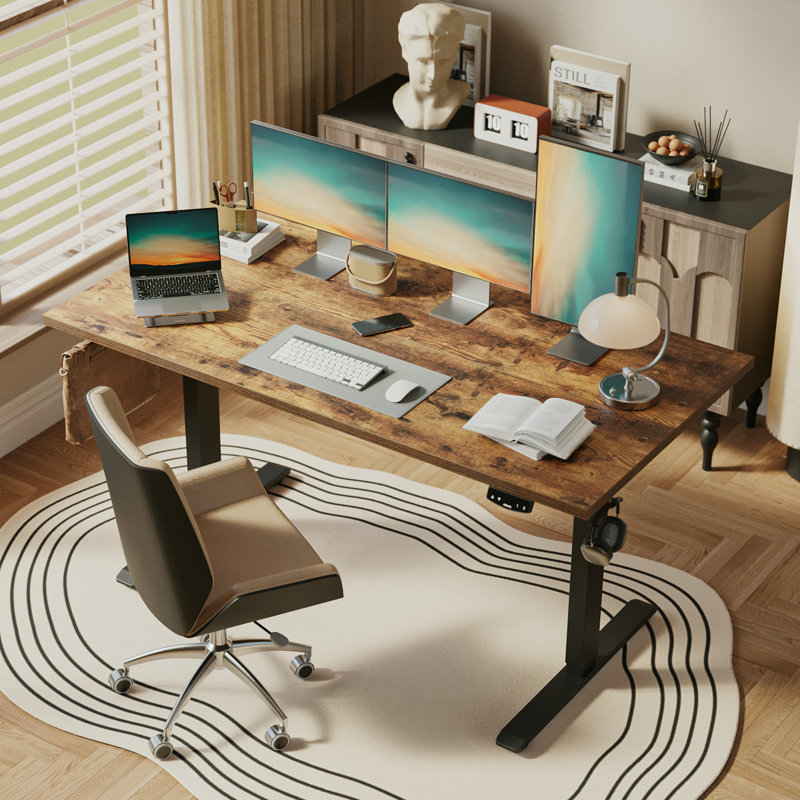 55" Home Office Electric Height Adjustable Standing Desk With Memory Controller, 45.7" H x 55" W x 24" D, Rustic Brown/Black