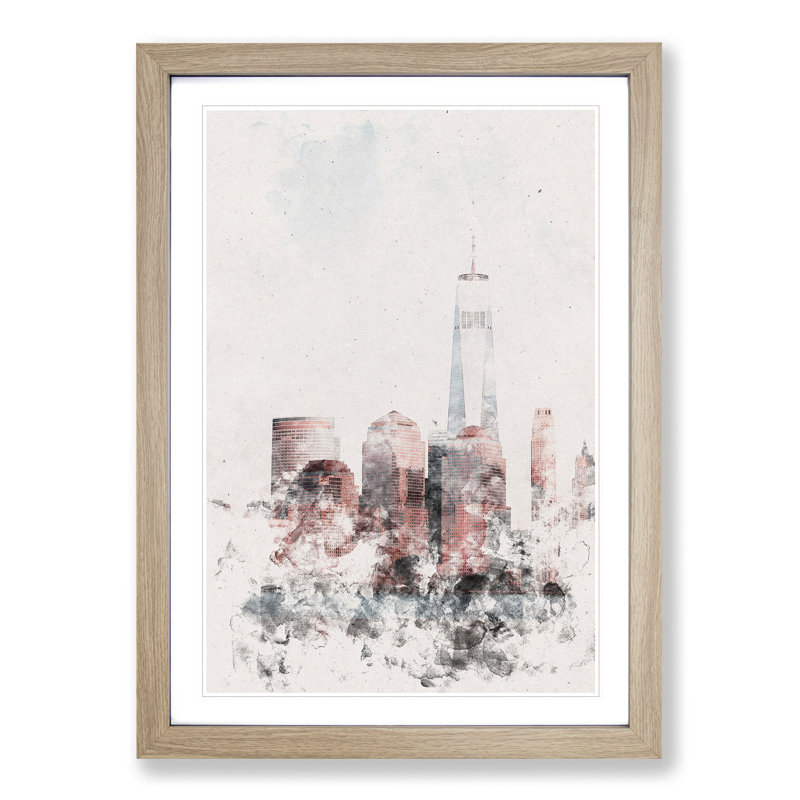 Downtown New York City Skyline Watercolour - Picture Frame Graphic Art, 87cm H x 62cm W x 2cm D, Oak Framed