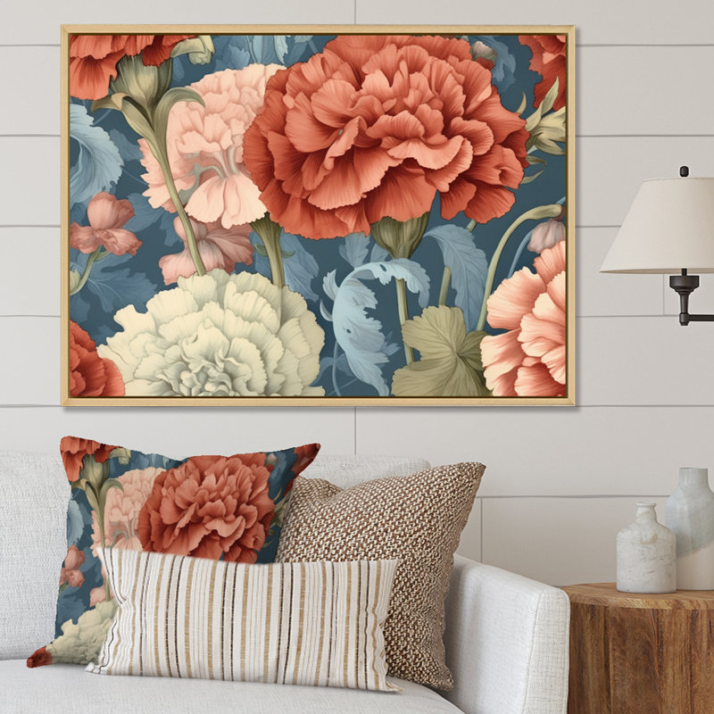 «Coral Blue Carnations Harmony I» sur toile, 16" H x 32" W, Cadre naturel flottant