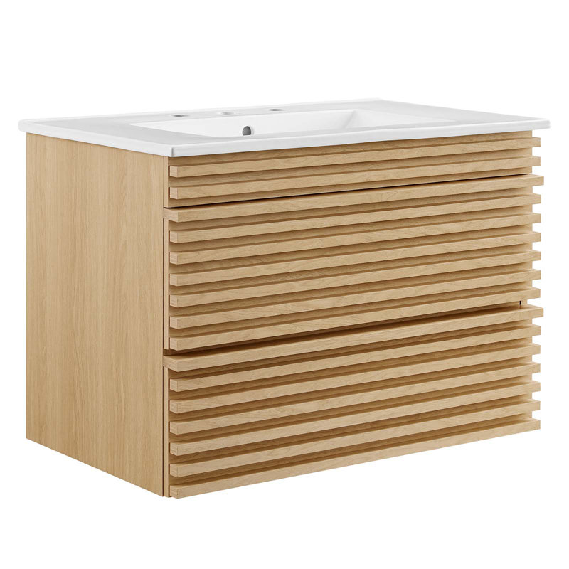 Crawley 30" Wall-Mount Bathroom Vanity, White, Oak