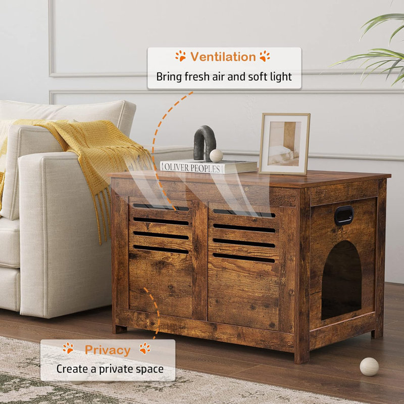 Rustic Brown Wooden Cat Litter Box Enclosure Cabinet