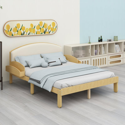 Platform bed frame with curved padded headboard and built-in storage shelves for modern bedrooms