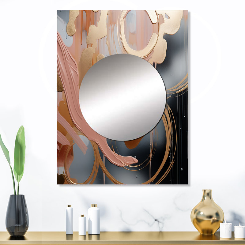 Art abstrait en métal imprimé abstrait, cercles à l'encre liquide rose et or de Khaire II - formes abstraites, miroir mural moderne